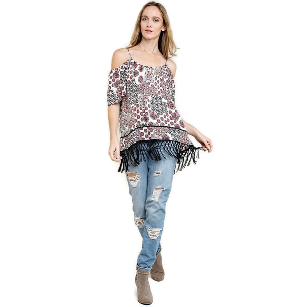 Kori America Off The Shoulder Fringe Top, Coral Mix